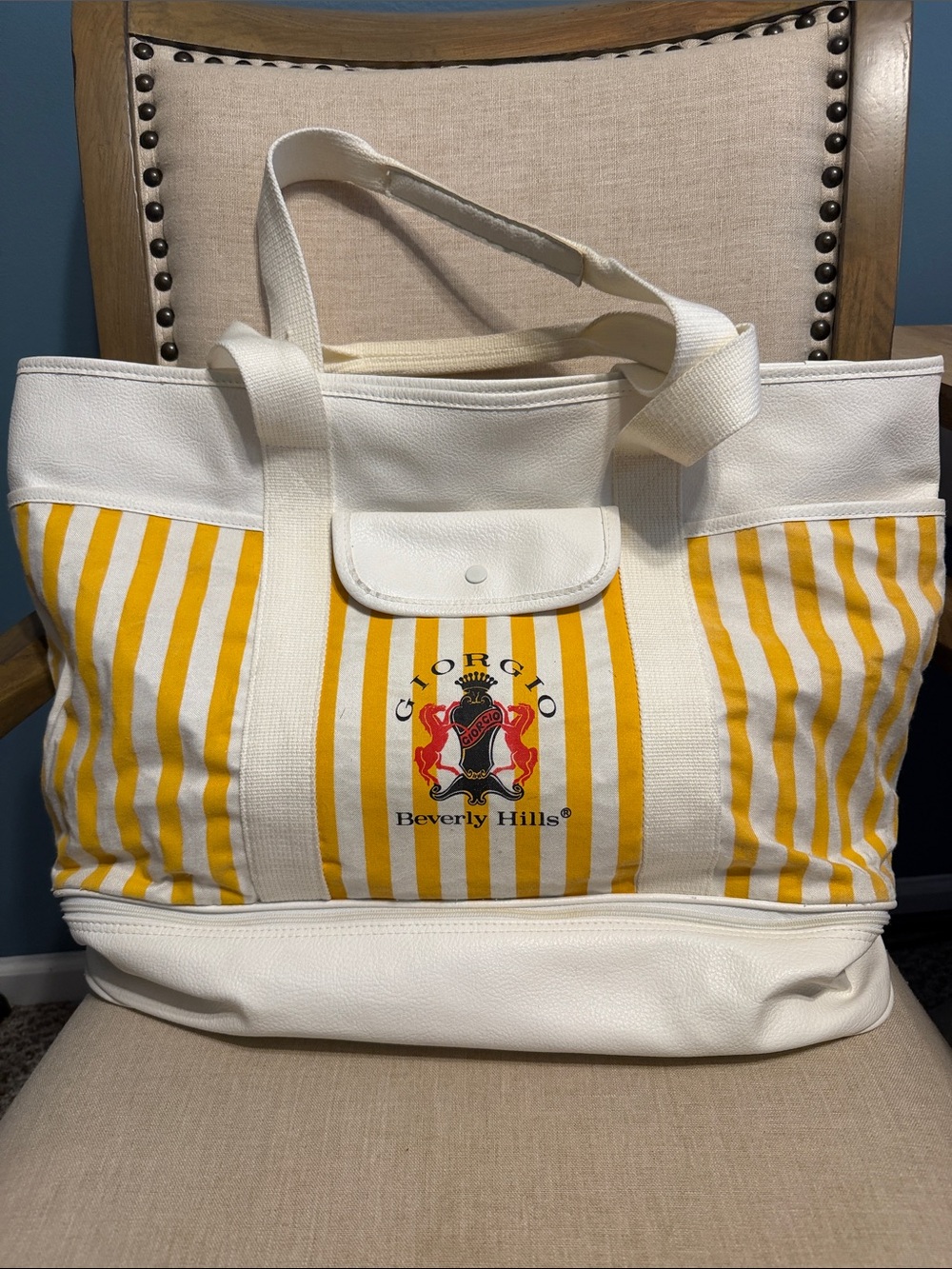 Giorgio Beverly Hills Vintage Yellow Stripe XL Canvas and Leather Tote